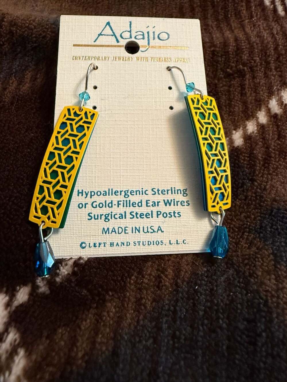 Adajio Earrings - Yellow Geometric Filigree on Blue Green Ombre Back with Teal B